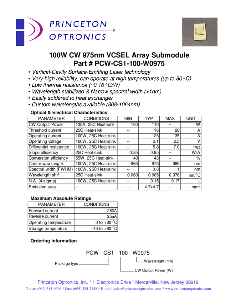 975nm, 100W VCSEL array
