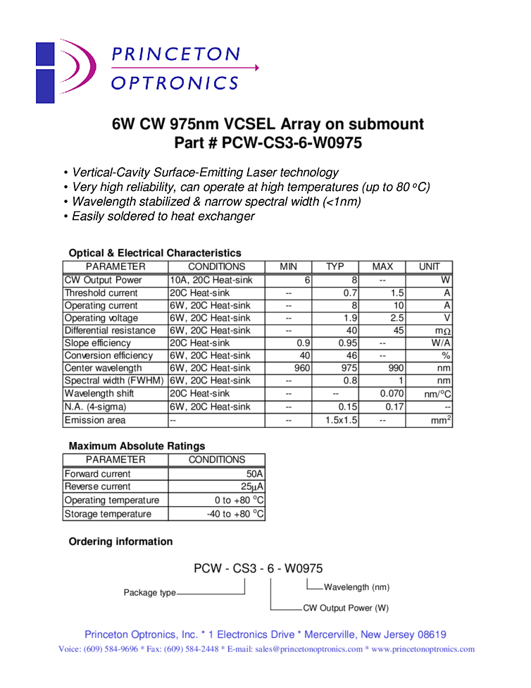 976nm, 6W, VCSEL laser array