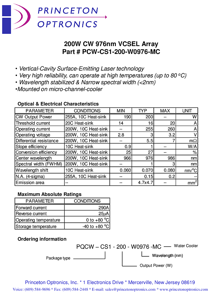 976nm, 200W VCSEL array