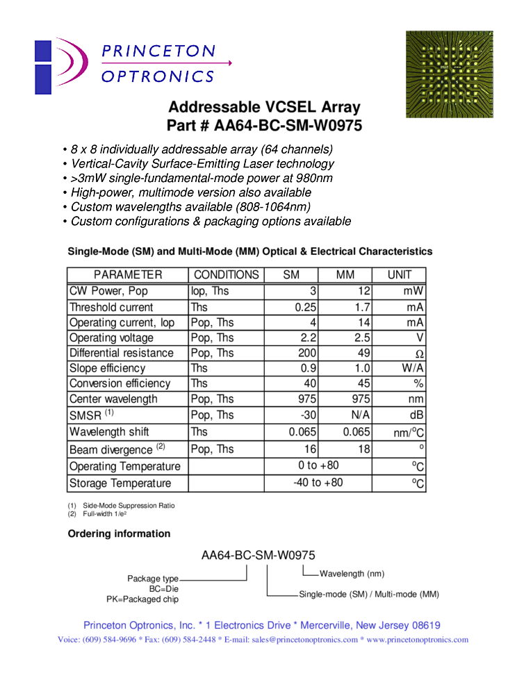 980nm, 12mW, VCSEL array