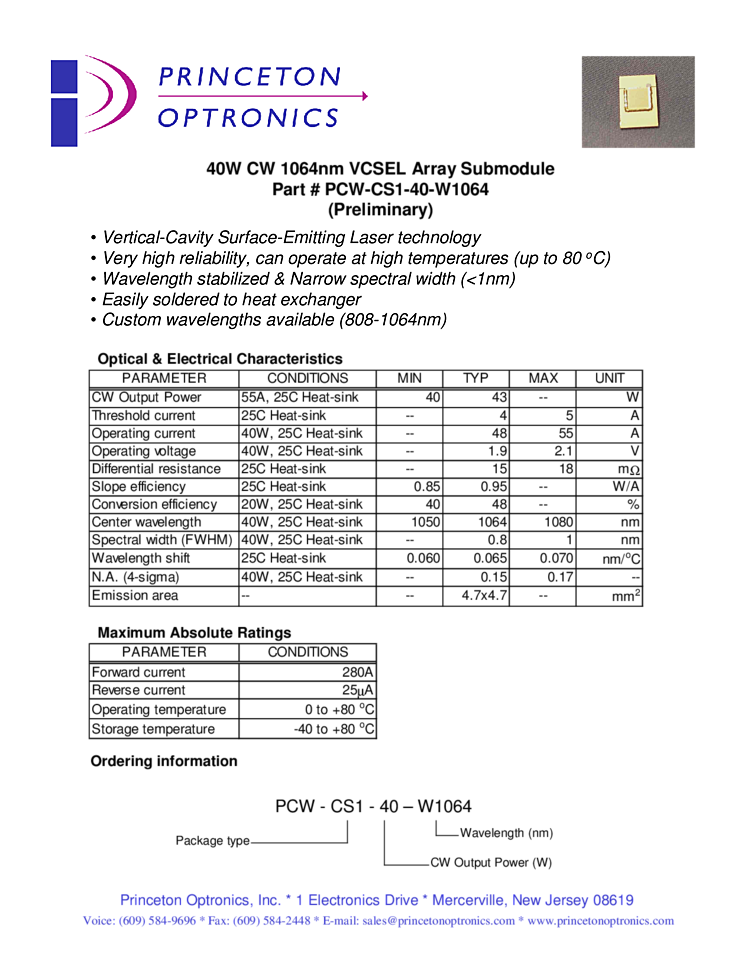 1064nm, 40W VCSEL array