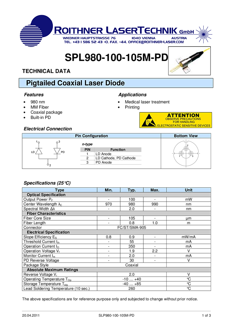 Pigtailed 980nm, 100mW