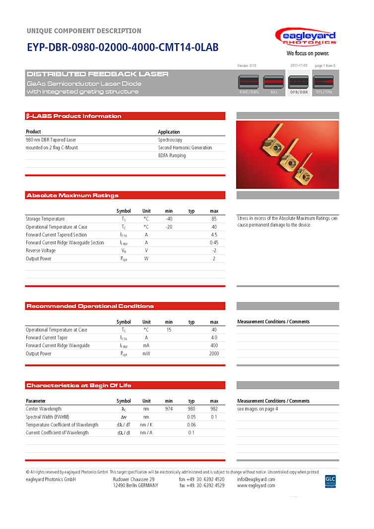 980nm Laser Diode Tapered Amplifier