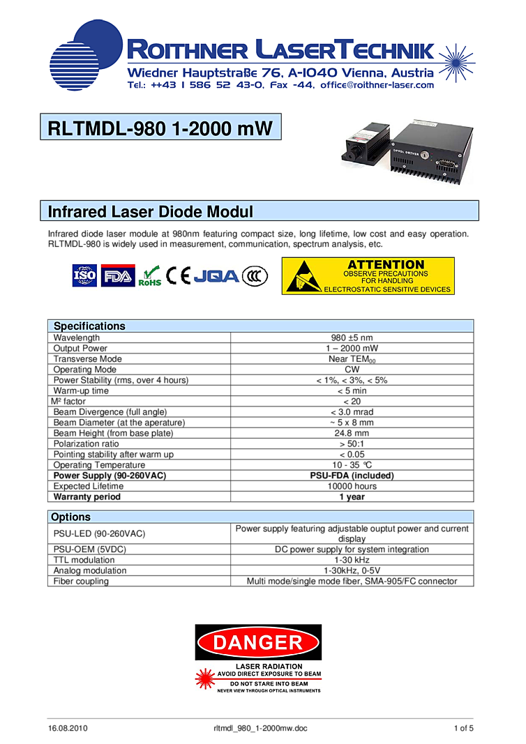 980nm, 2 Watt, Turnkey Diode Laser