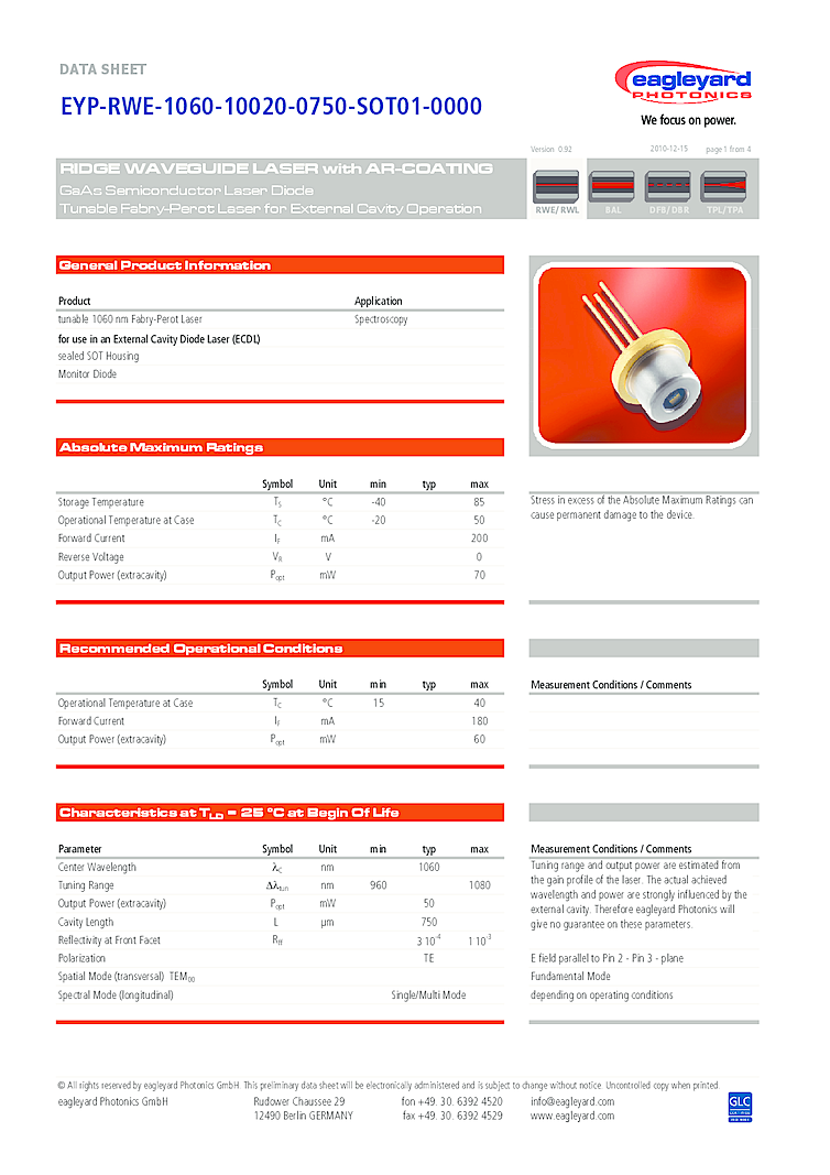 1060nm Laser Diode, 100mW