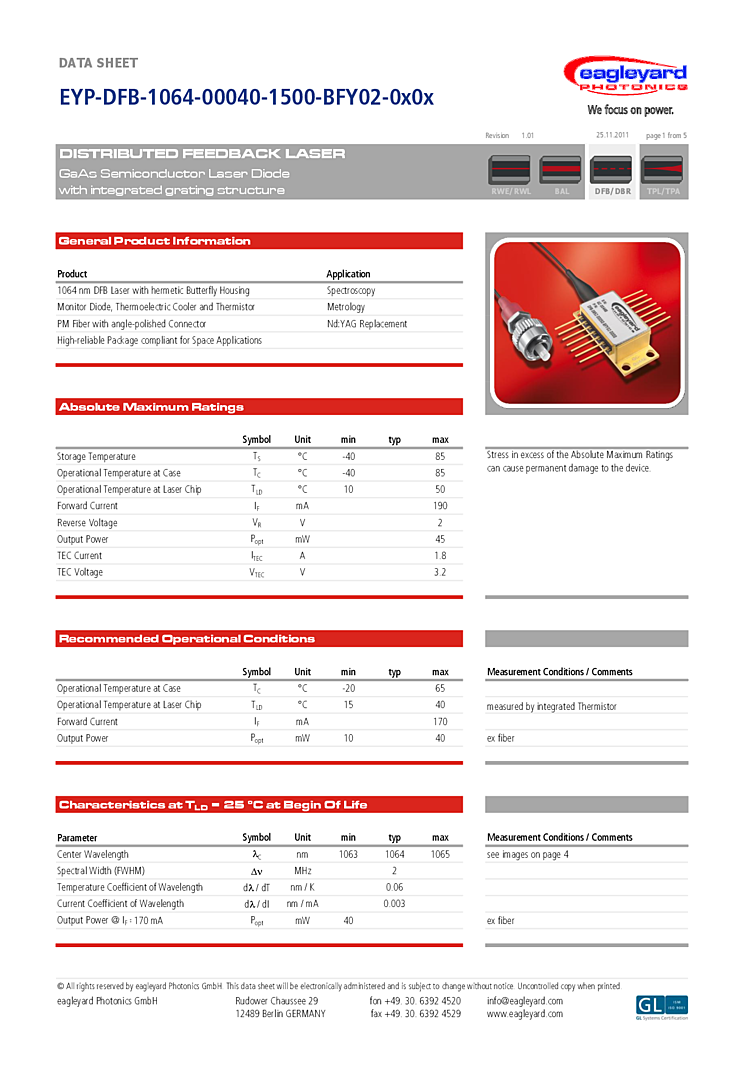 1064nm DFB Laser Diode, 40mW