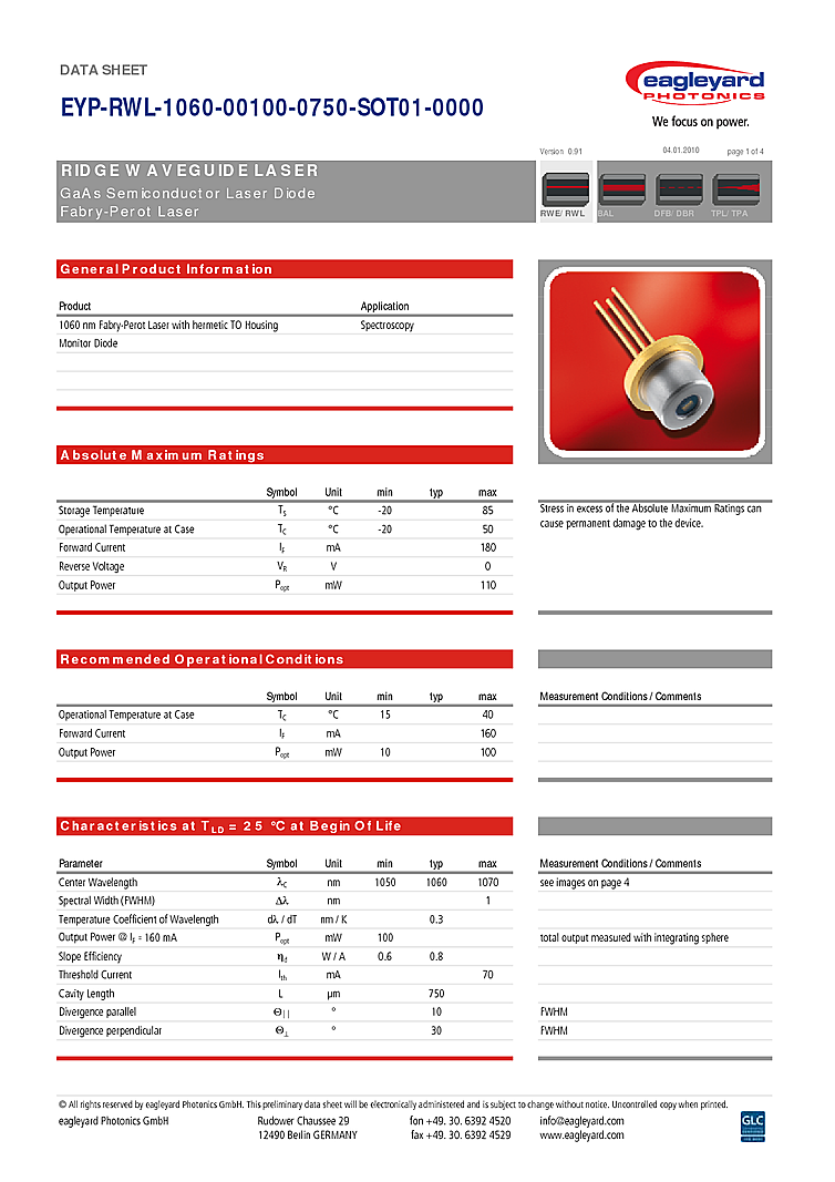 1060nm Laser Diode, 100mW
