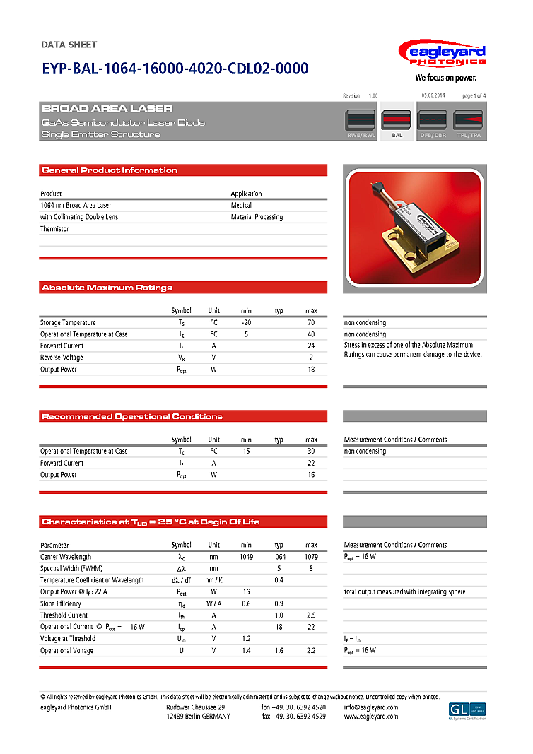 1064nm Laser Diode, 16W