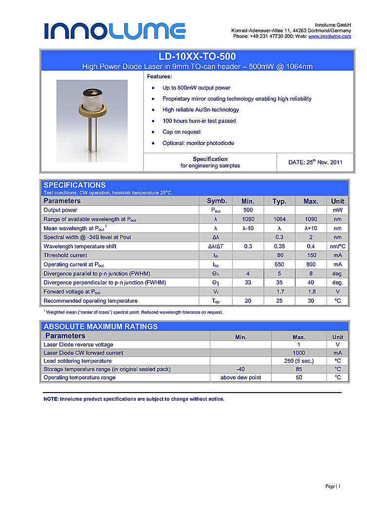 1060nm-1085nm, 500mW Laser Diode