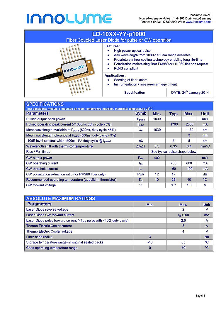 1020nm-1050nm, 1W Laser Diodes