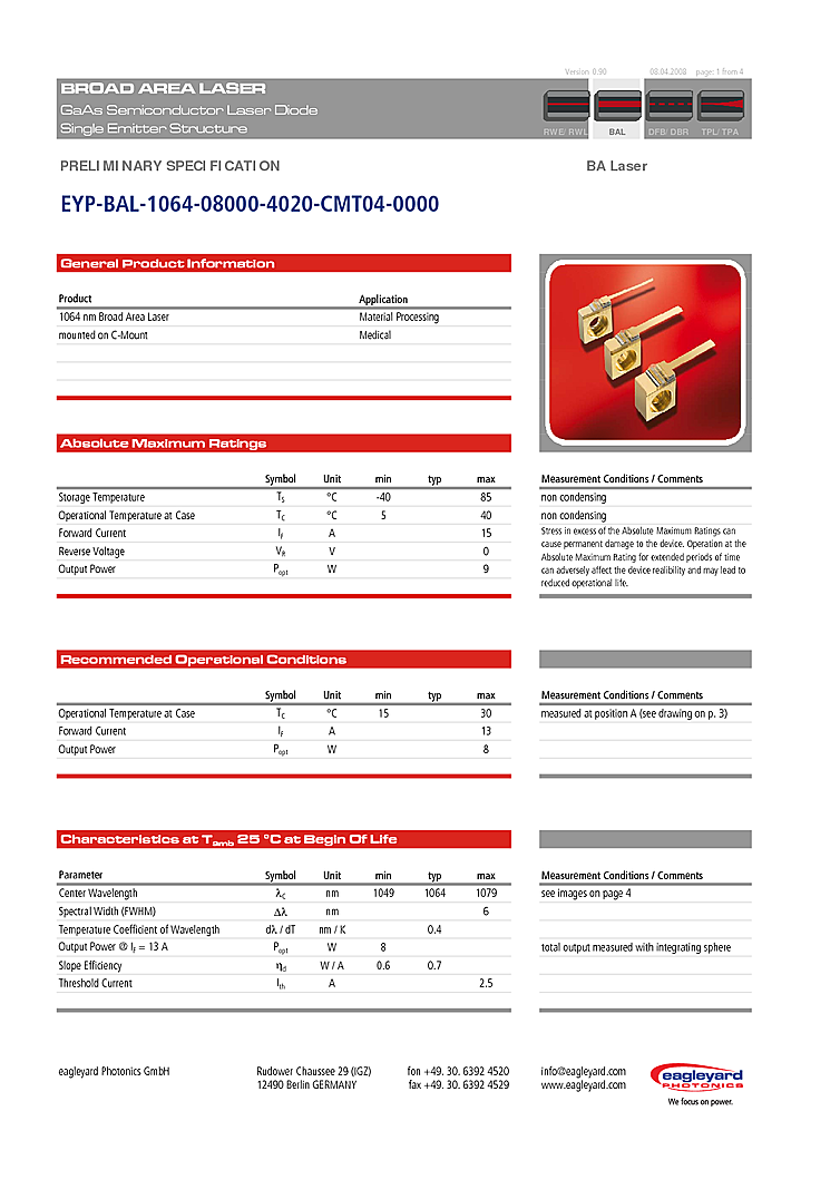 1064nm Laser Diode, 8000mW