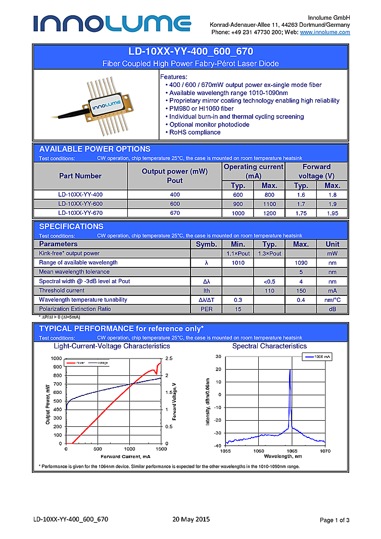 1020nm-1085nm, 600mW Diode Lasers