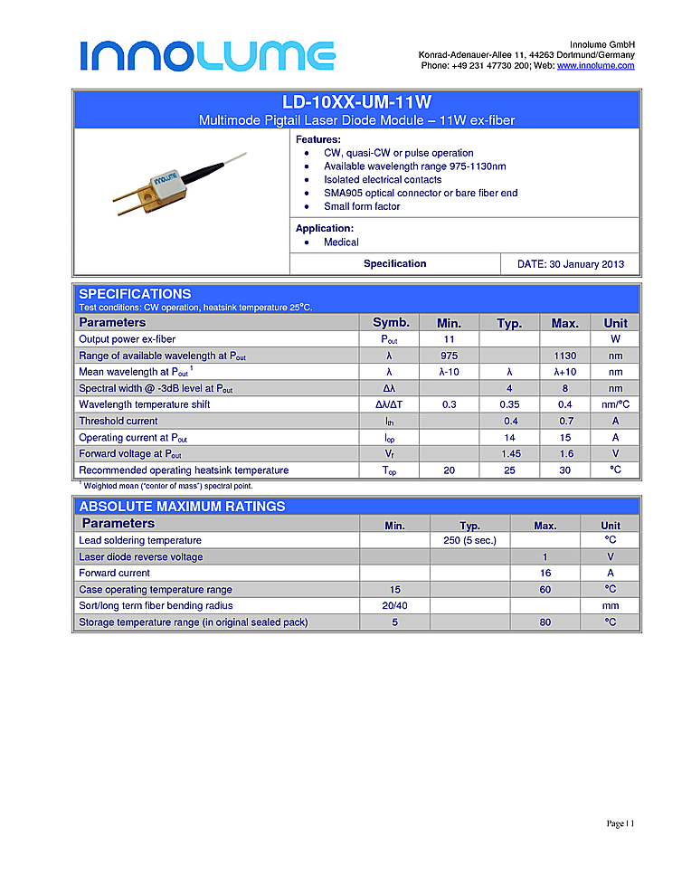 1060nm 11 Watt Diode Laser Modules