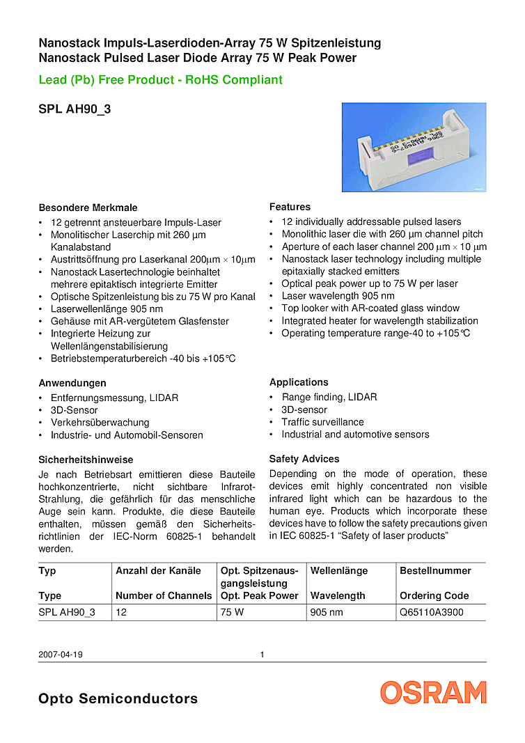 High Powered 905nm, 90W array