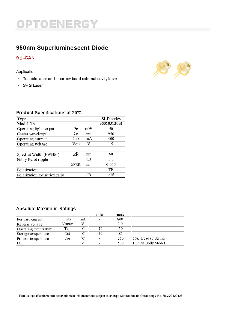 950nm SLED, 50mW TO-can