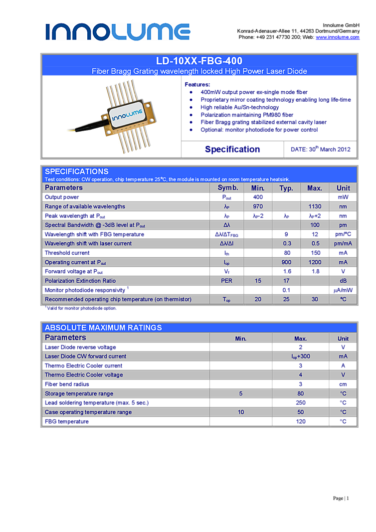 970nm-1130nm Laser Diode, 400mW