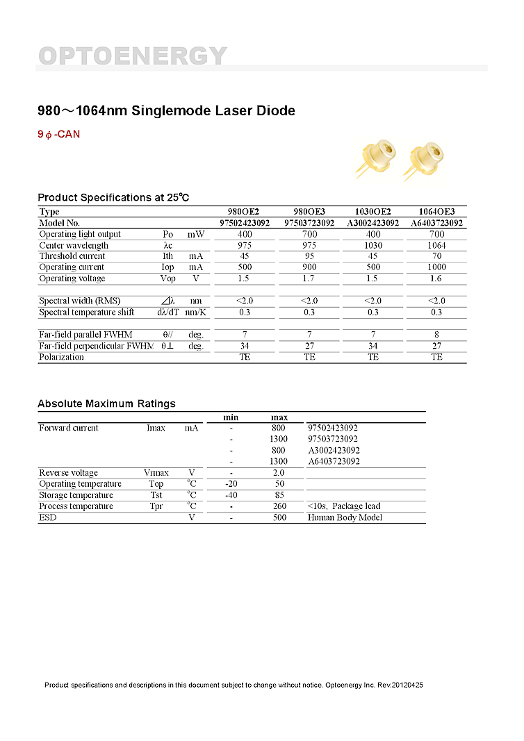 980nm-1064nm Singlemode Laser