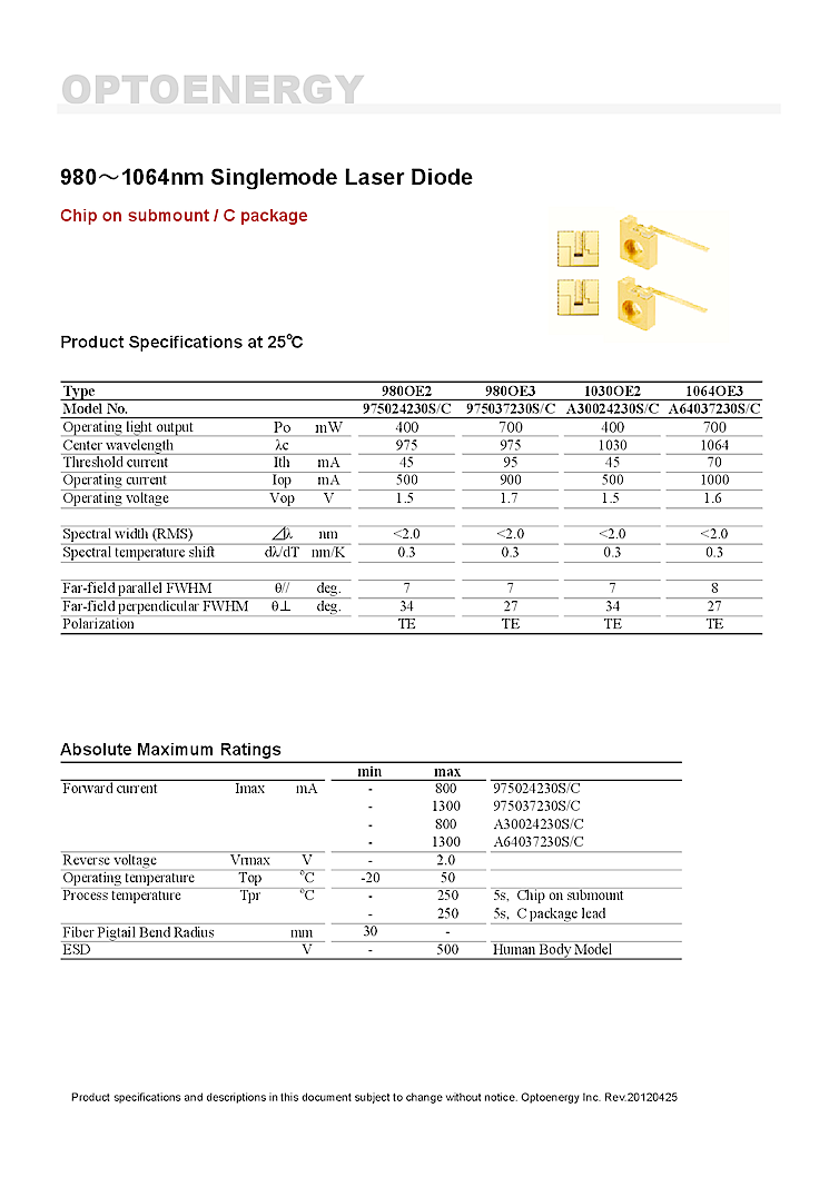 975nm, 700mW, c-mount, COC