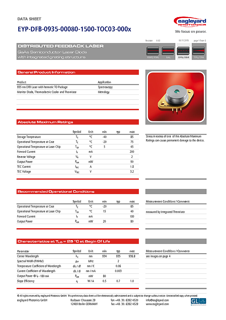 935nm Laser Diode, 80mW DFB