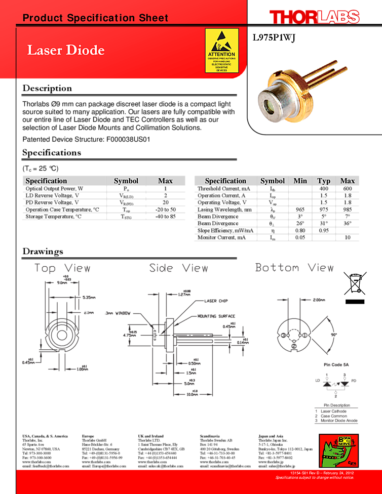 975nm TO-can, 1 Watt Laser