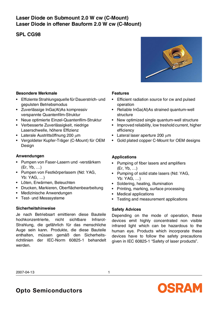 2 Watt Laser, 975nm, c-mount