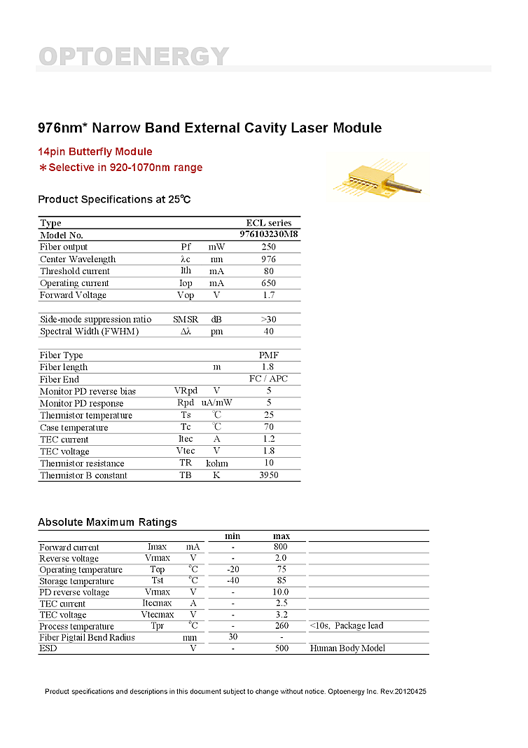 976nm, 250mW, butterfly ECL