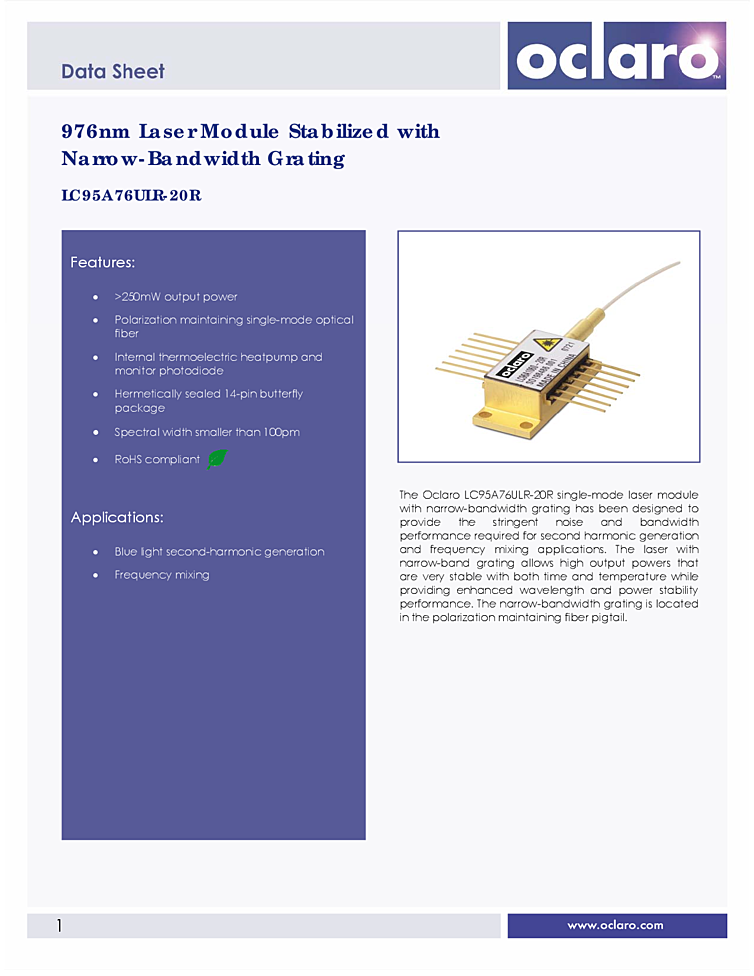 976nm Laser Module, Stabilized