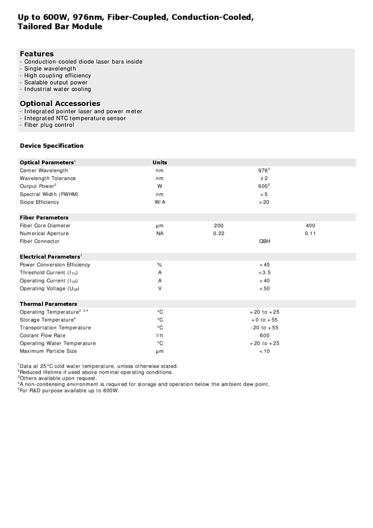 976nm, 600Watt Pump Laser