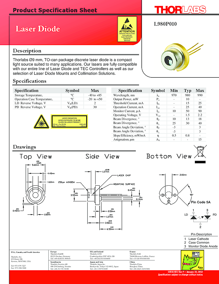 980nm, 10mW diode laser