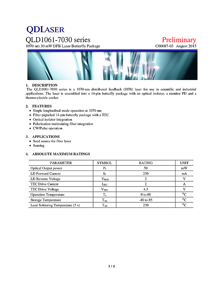 1070nm Laser Diode, 30mW