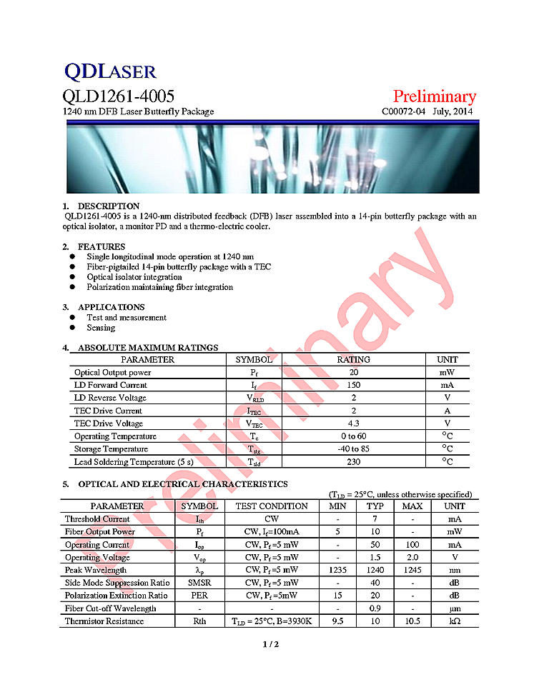 1240nm Laser Diode, 20mW