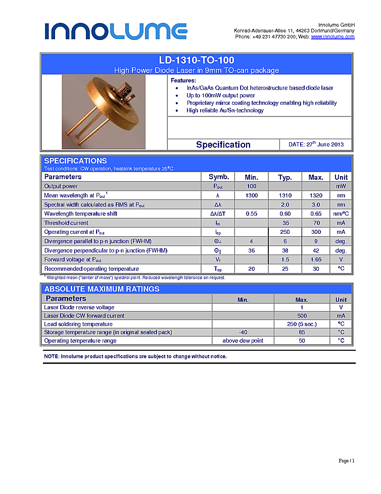 1309nm-1310nm Quantum Dot Lasers