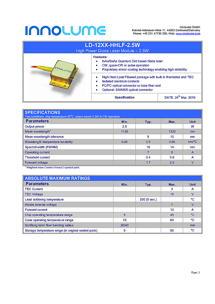 HHL Fiber Coupled 1210nm, 2.5 Watts