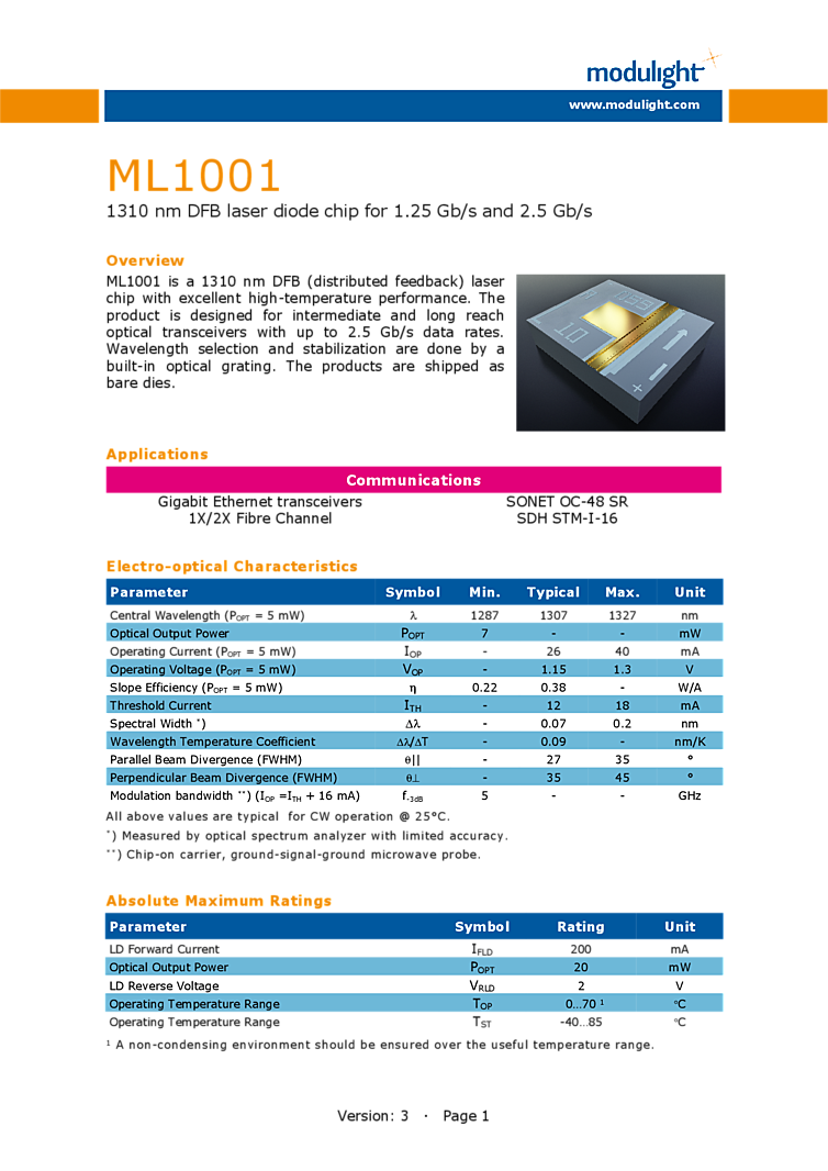 1310nm DFB, 1.25 Gbps, 2.5 Gbps