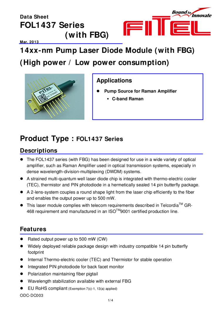 Raman Amplifier Pump, 500mW