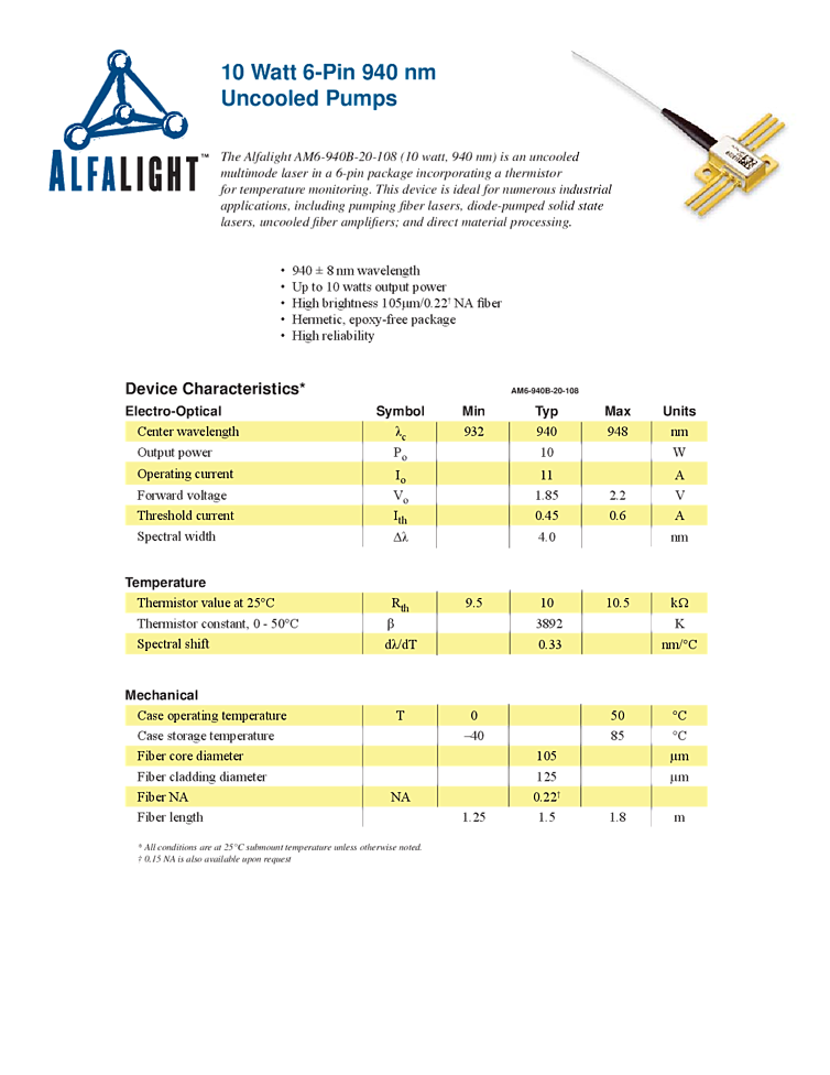 940nm, 10W, Uncooled Diode Laser
