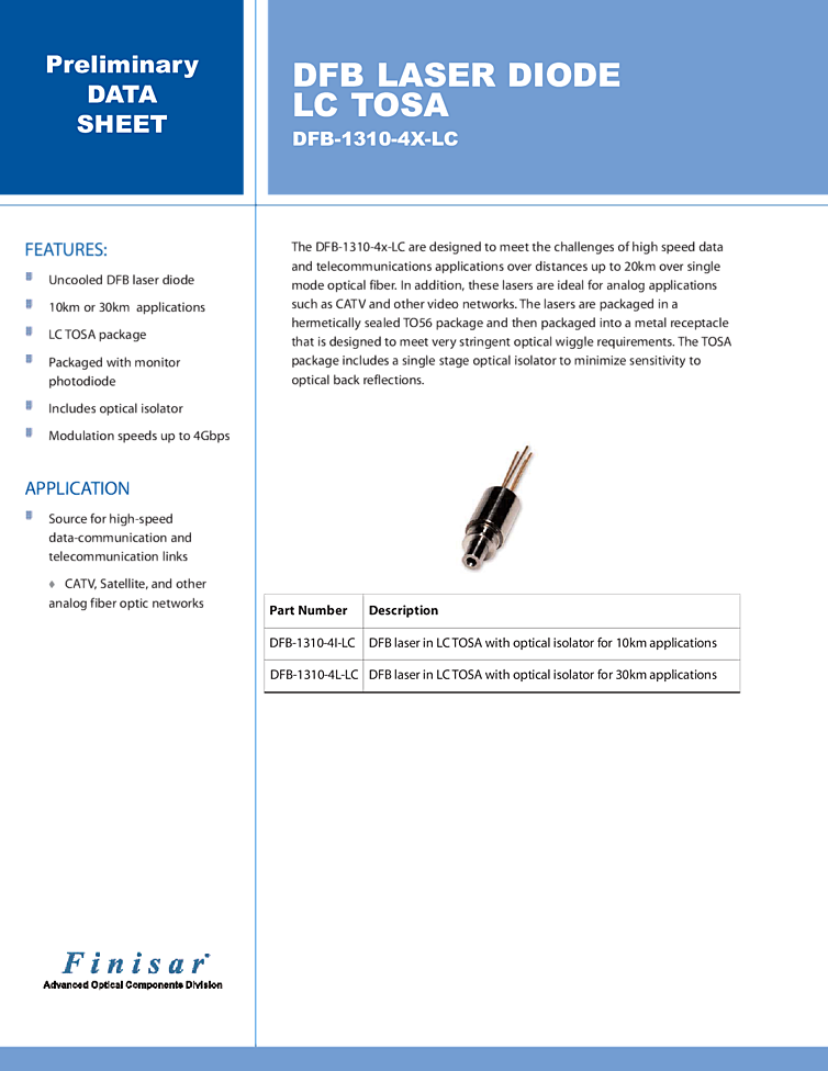 1310nm, 2mW, DFB, TOSA