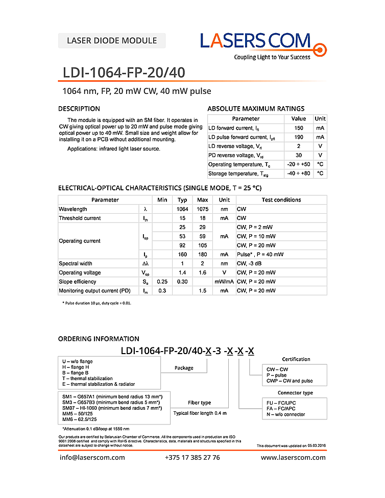 1064nm Laser Diode, 20mW