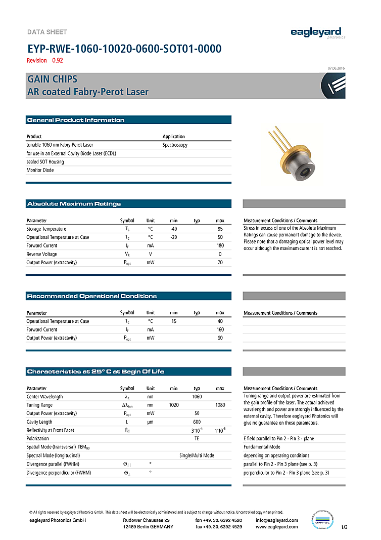 1060nm 50mW Gain Chip