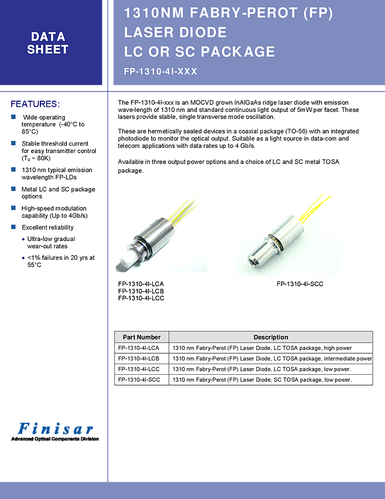 1310nm, 10mW, TOSA 4Gbps