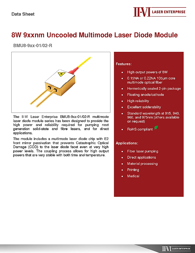 915nm, 8W 2 pin fiber coupled module