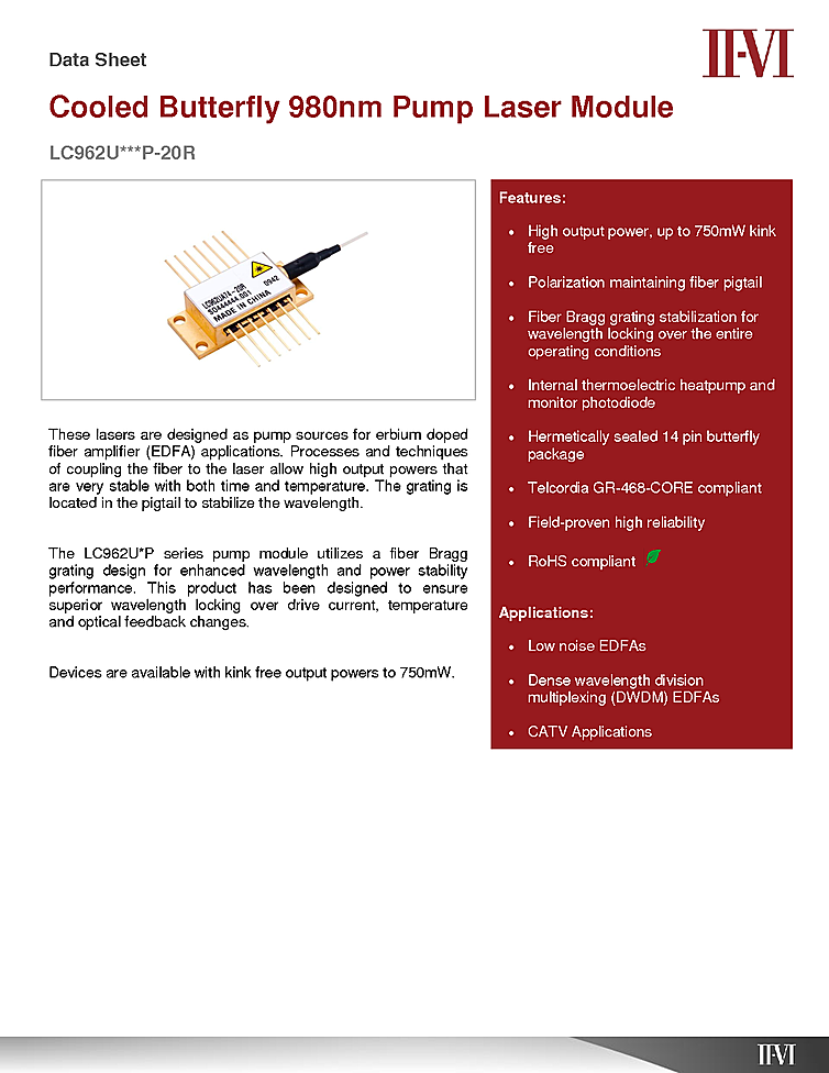 980nm Pump Laser, 750mW