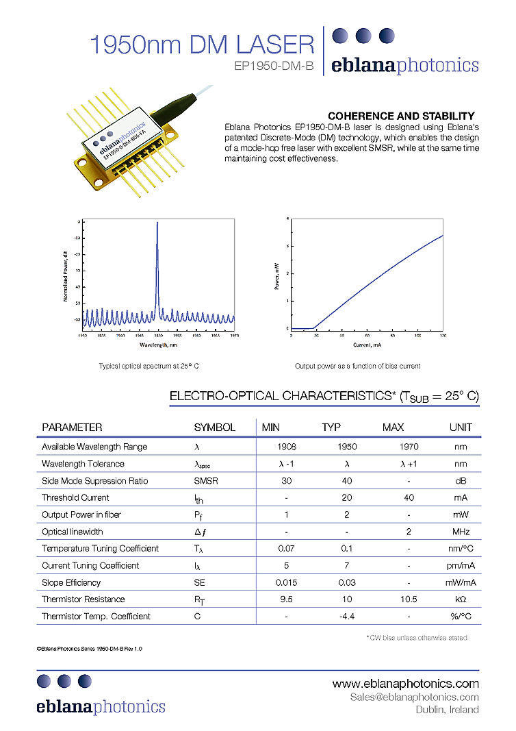 1950nm, 2mW, DFB Laser Diode