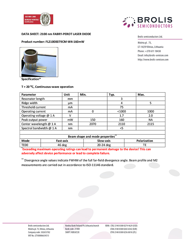 2100nm, 160mW Infrared Laser