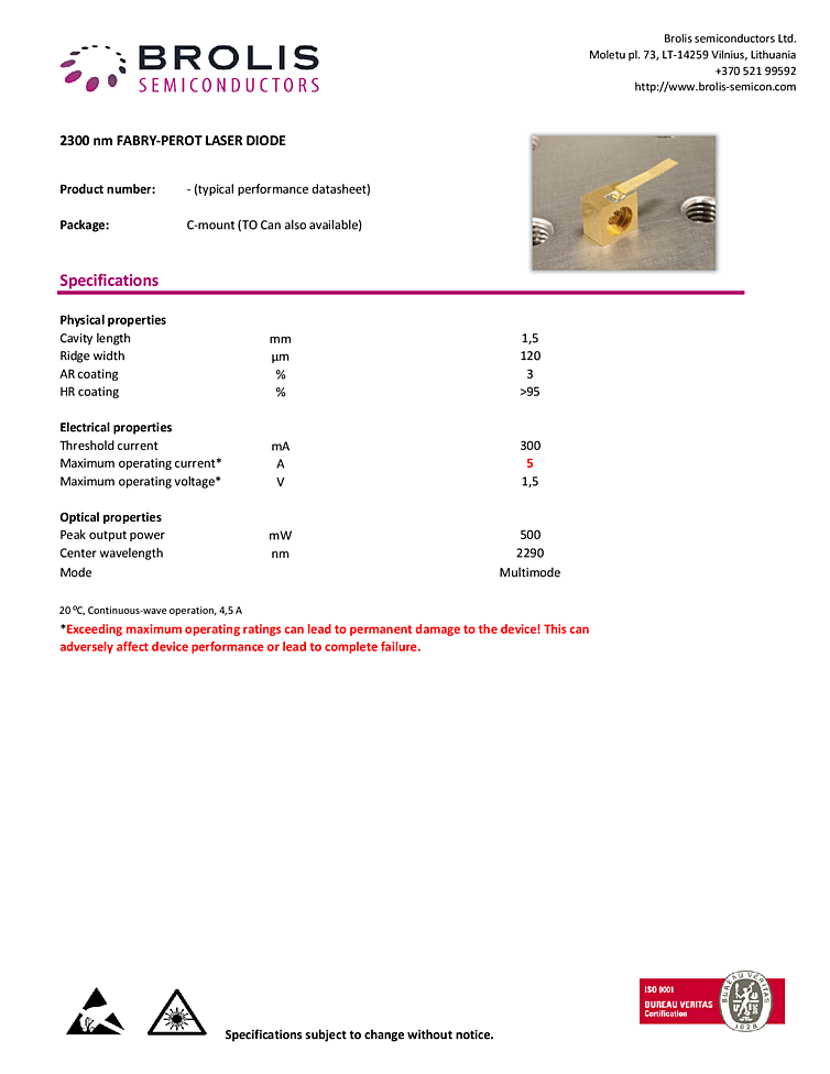 2300nm, 500mW Laser Diode