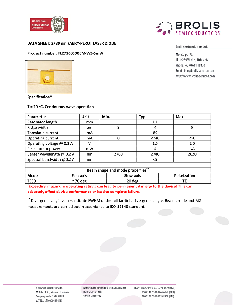 2780nm Laser Diode, 5mW