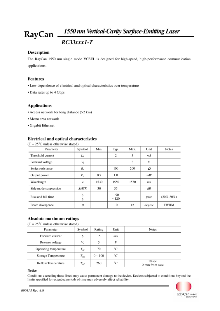1550nm VCSEL Laser, 1mW