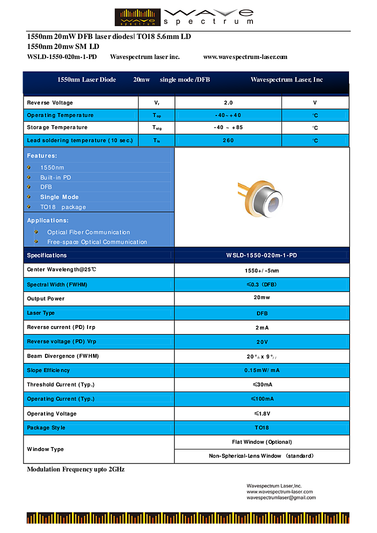 1550nm, 20mW, DFB , TO-18