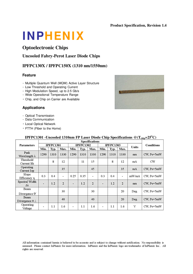 1310nm, 5mW, Diode Laser Chips