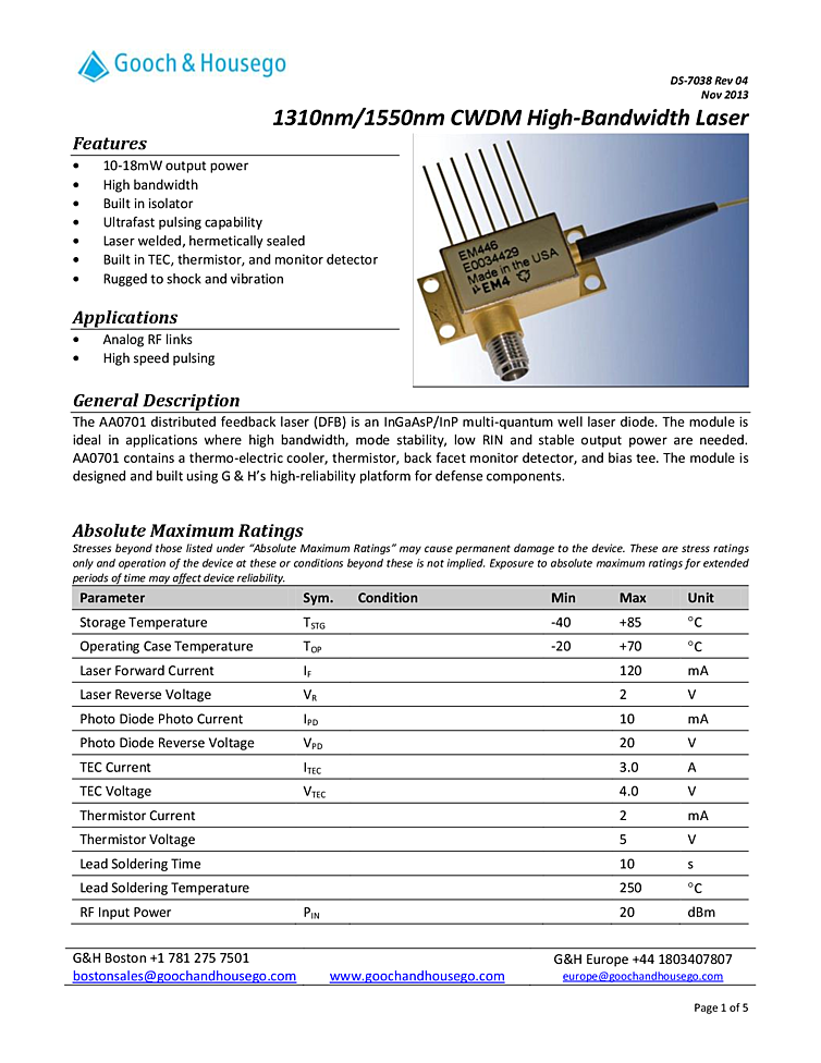 1550nm Laser Diode, High Bandwidth